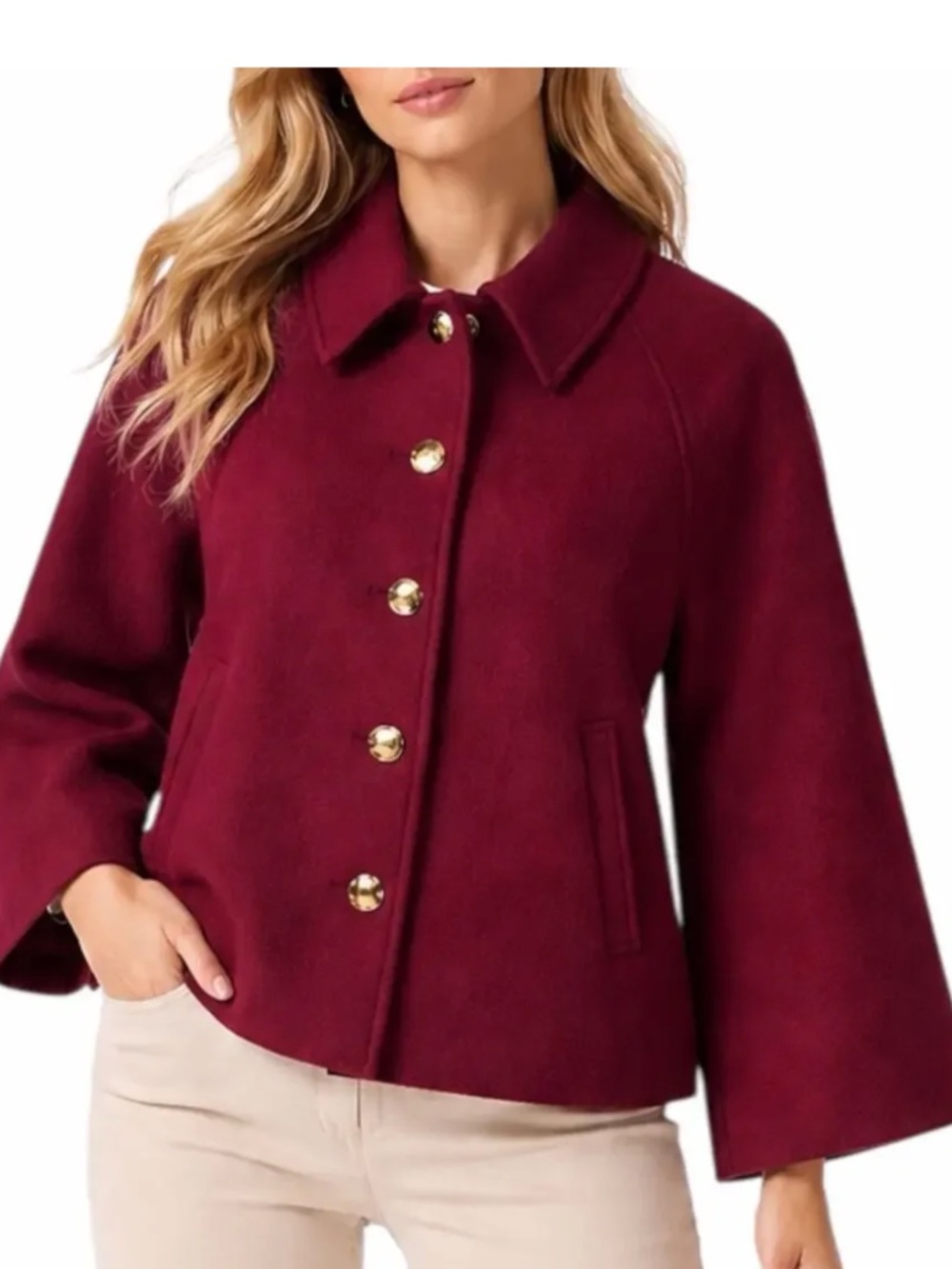 NWT J. Crew Wine-Red Cropped Wool-Blend Pea Coat Blazer/Jacket
